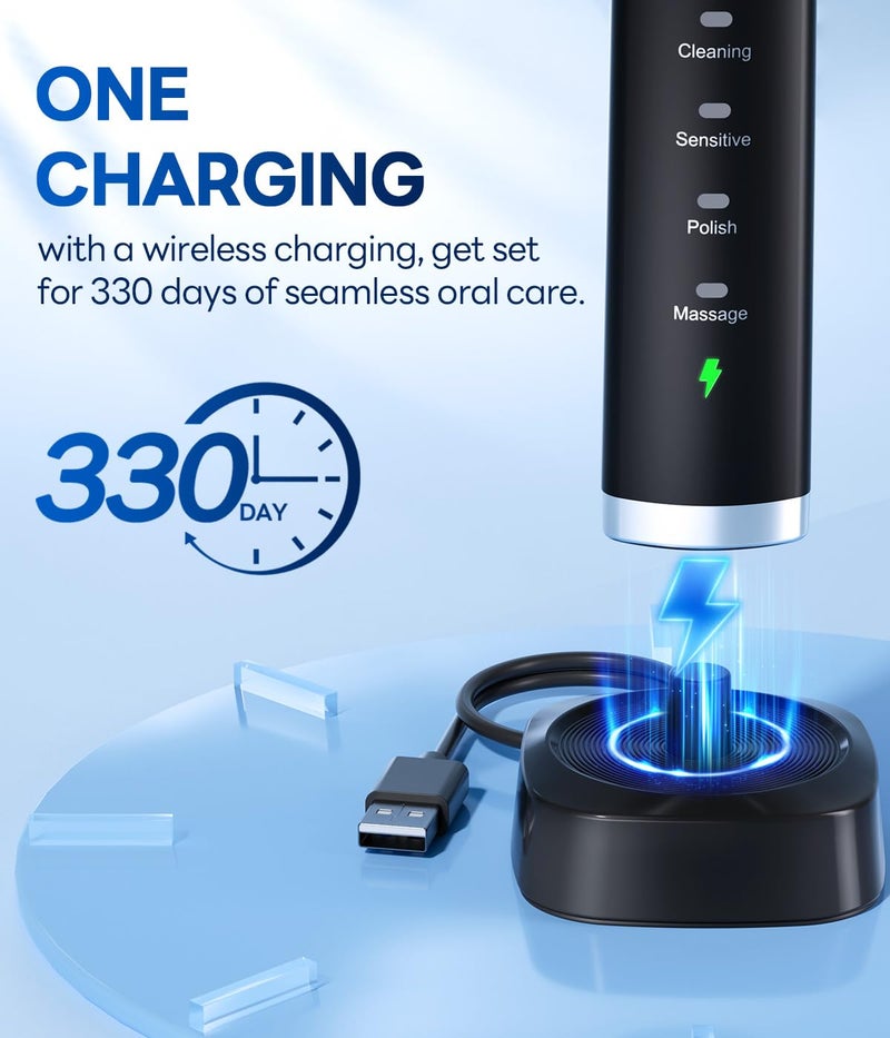 Bymore Electric Toothbrush for Adults, Sonic Rechargeable Toothbrush with 8 Brush Heads, 330-Day Battery, 5 Cleaning Modes & 2-Min Timer, Travel-Friendly Ultra Clean Design – Black - Image 3